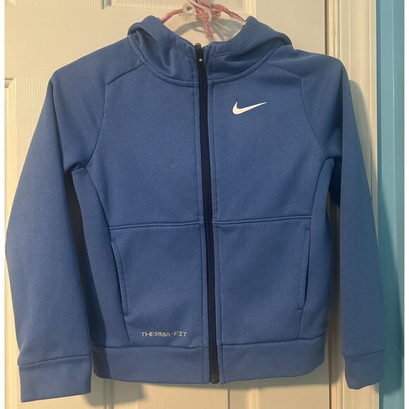 Nike Therma Fit Hoodie Small 17" (4/5 Years) Blue Full Zip White Logo - Picture 1 of 6